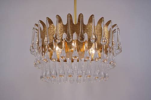 Ernst Palme chandelier for Palwa gilt brass & crystal, 1960`s, German